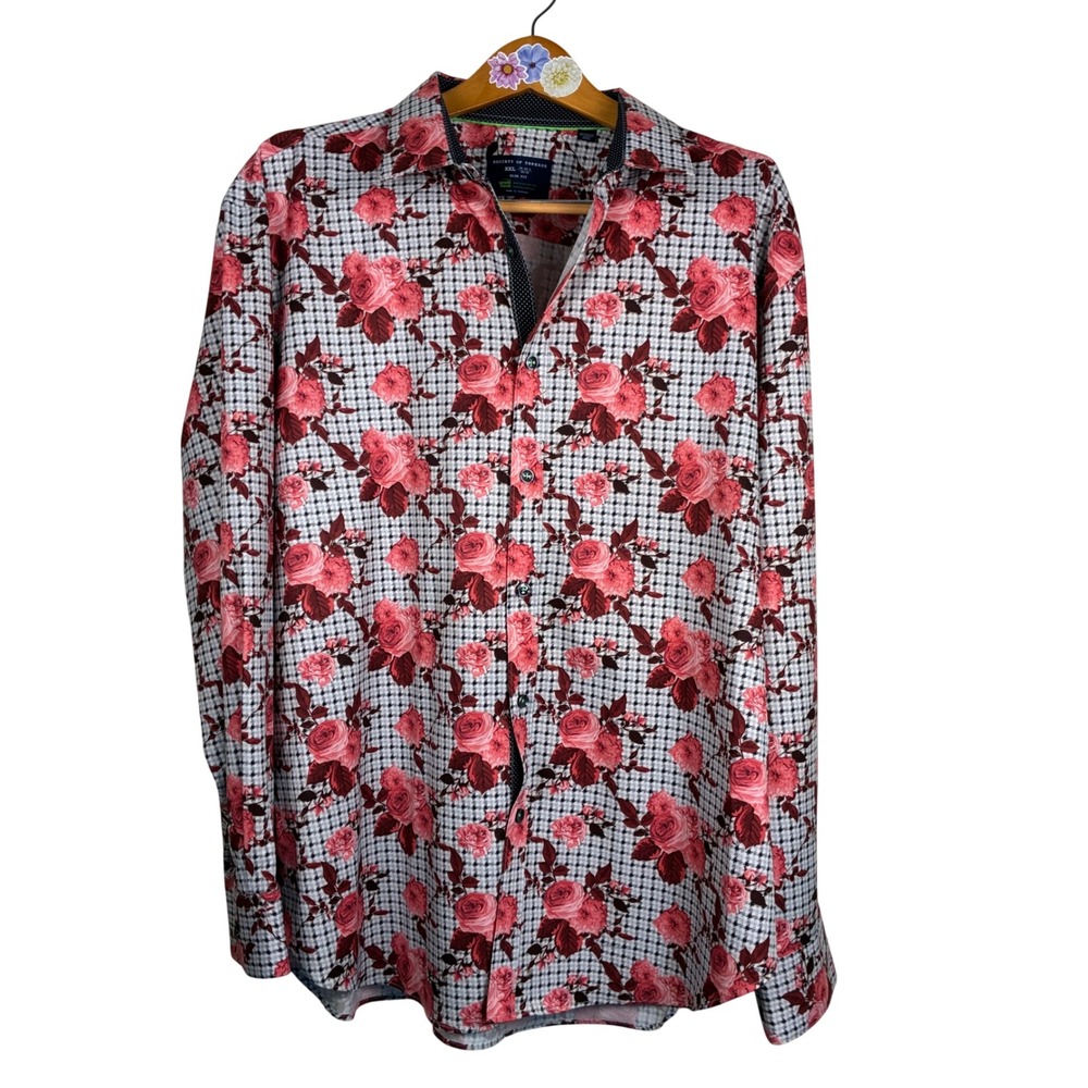 Society of Threads Shirt XXL 18-18.5 35/36 Slim Fit houndstooth rose print